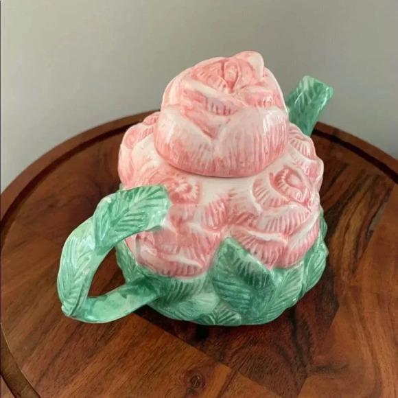 Peggy Jo Ackley Vintage Rose Teapot Pink Green Floral Ceramic Cottage core EUC - Picture 7 of 7